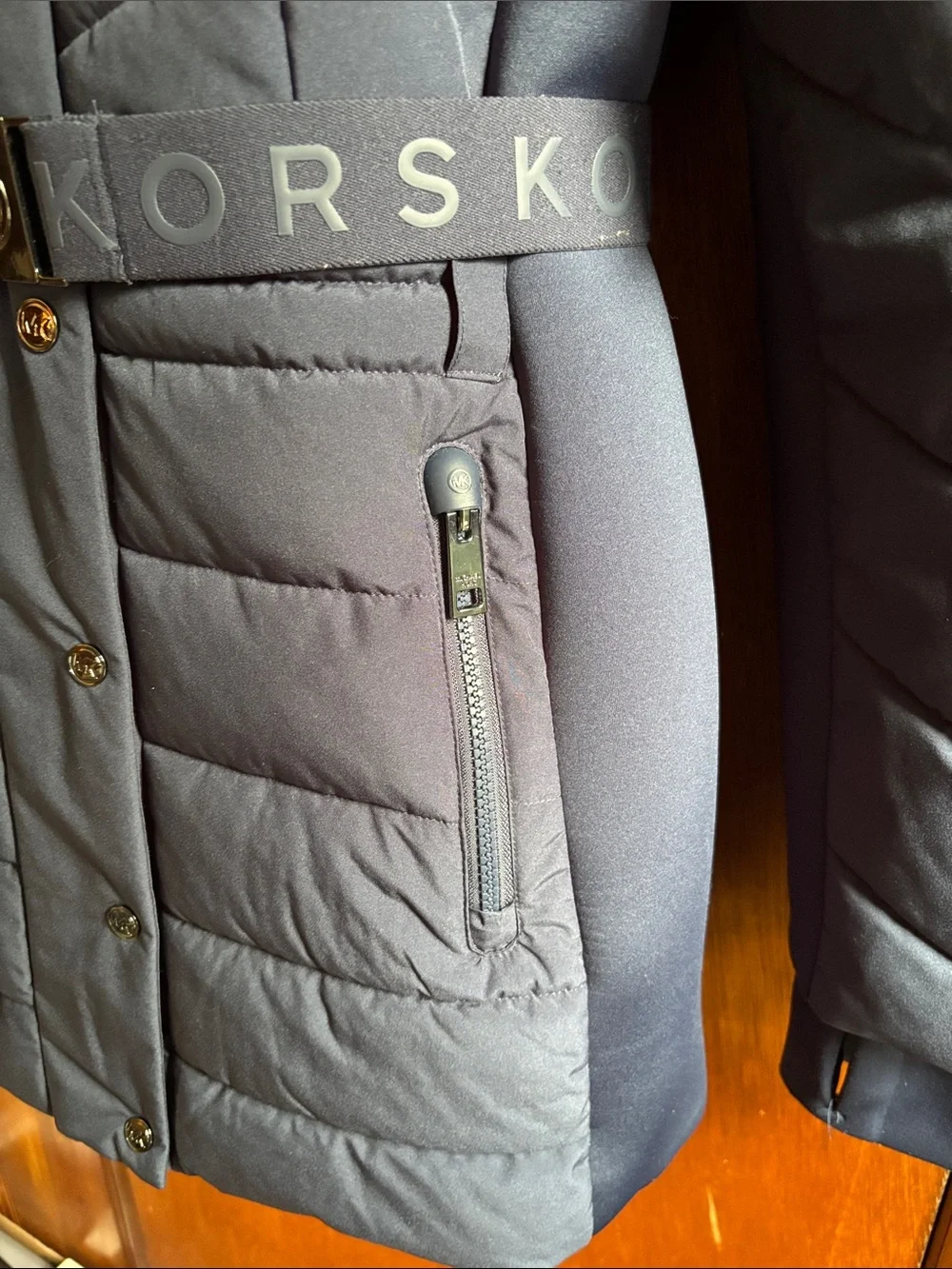 Michael Kors Navy Quilted Hooded Puffer Coat with Fur Trim size L preowned